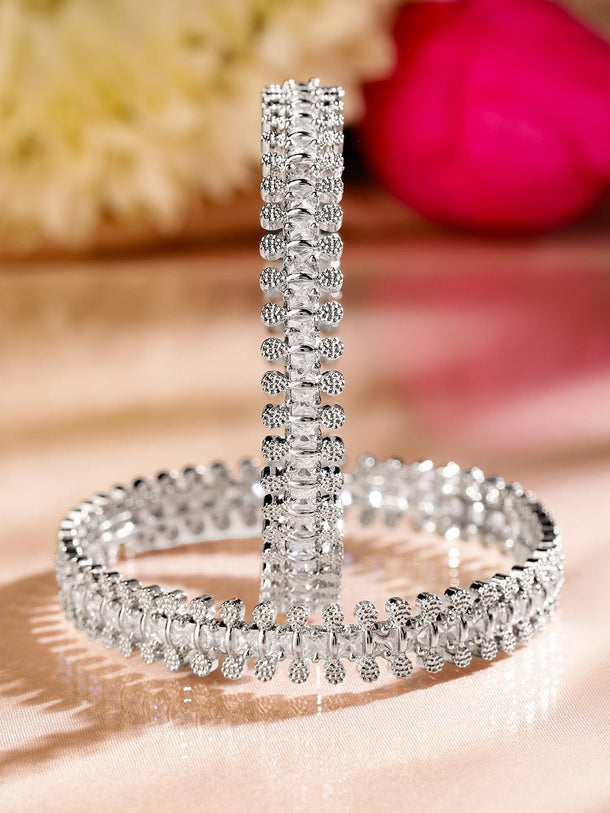 Rubans Set of 2 Rhodium-Plated White Cubic Zirconia Studded Handcrafted Luxe Bangles Bangles