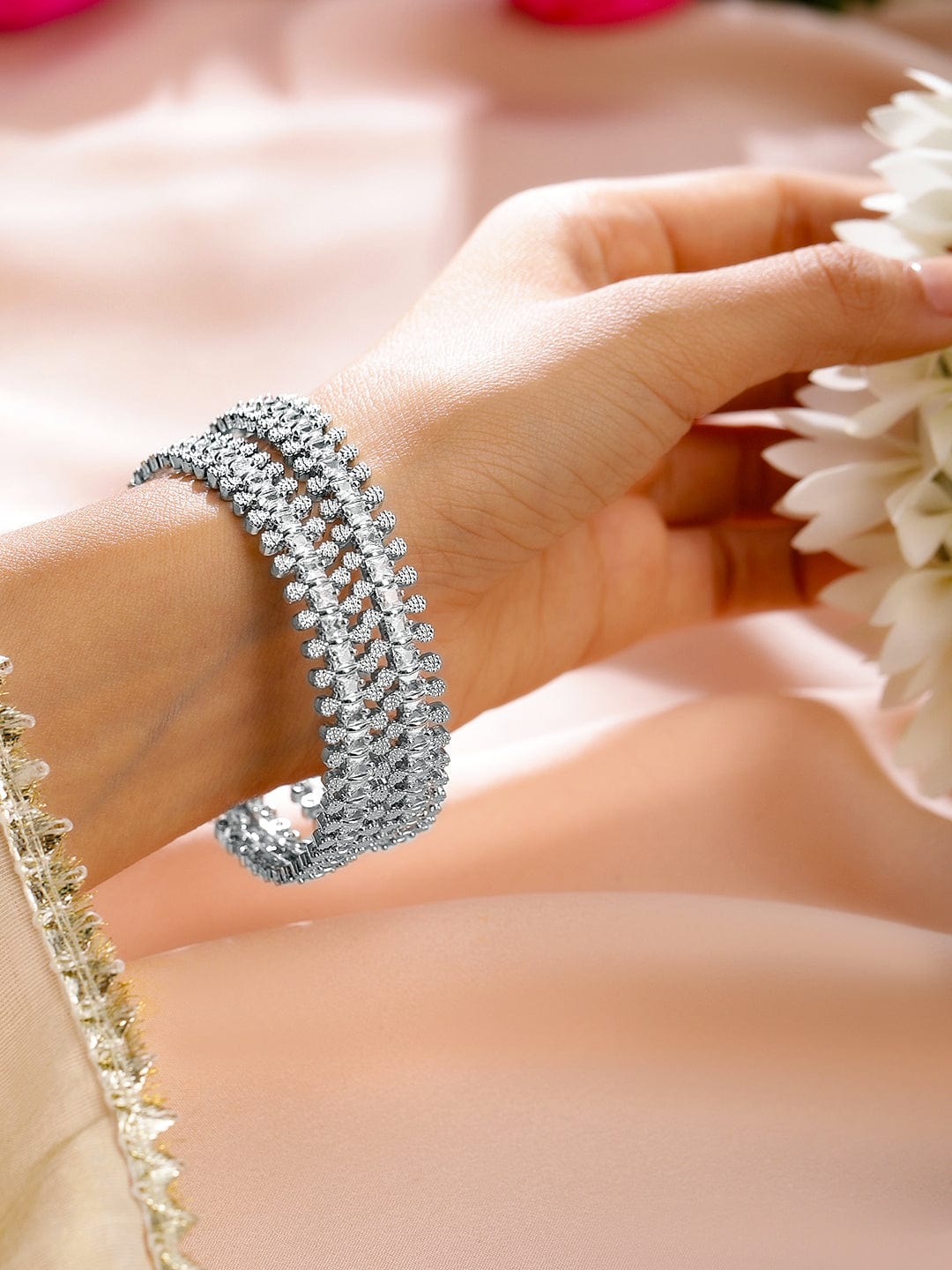 Rubans Set of 2 Rhodium-Plated White Cubic Zirconia Studded Handcrafted Luxe Bangles for Women Bangles & Bracelets
