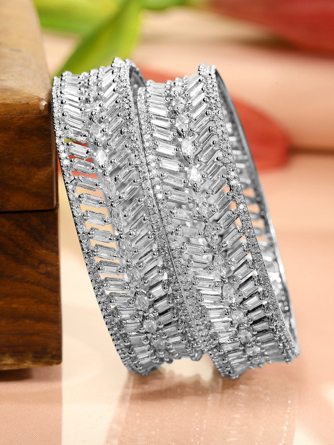 Rubans Set of 2 Rhodium-Plated White Cubic Zirconia Studded Premium Bangles Bangles & Bracelets