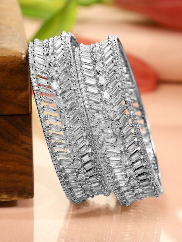 Rubans Set of 2 Rhodium-Plated White Cubic Zirconia Studded Premium Bangles Bangles & Bracelets