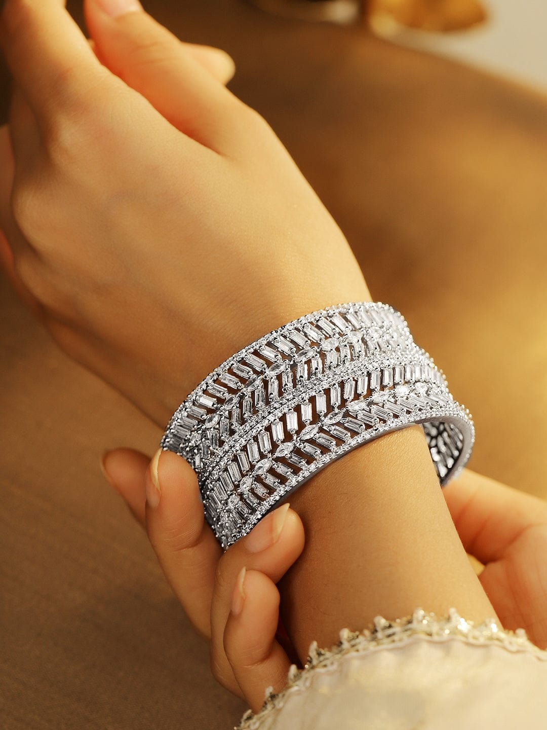 Rubans Set of 2 Rhodium-Plated White Cubic Zirconia Studded Premium Bangles Bangles & Bracelets