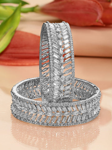 Rubans Set of 2 Rhodium-Plated White Cubic Zirconia Studded Premium Bangles Bangles & Bracelets