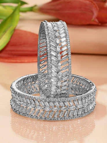 Rubans Set of 2 Rhodium-Plated White Cubic Zirconia Studded Premium Bangles Bangles & Bracelets