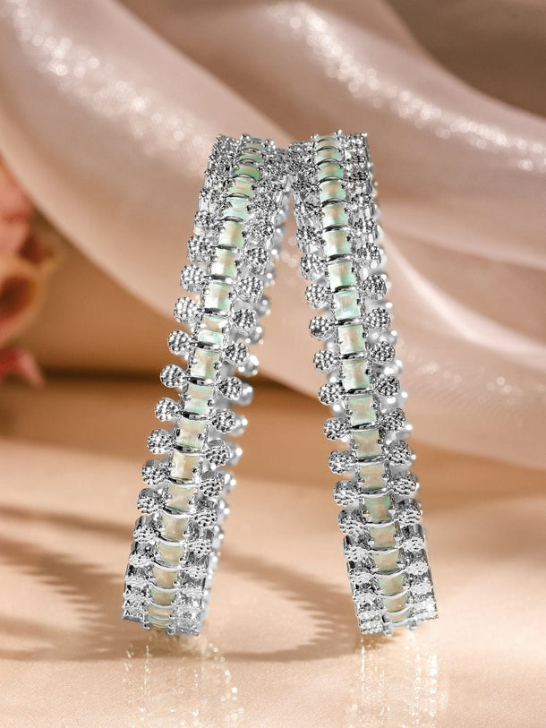 Rubans Set of 2 Rhodium-Plated White & Mint Green Cubic Zirconia Studded Handcrafted Luxe Bangles Bangles & Bracelets