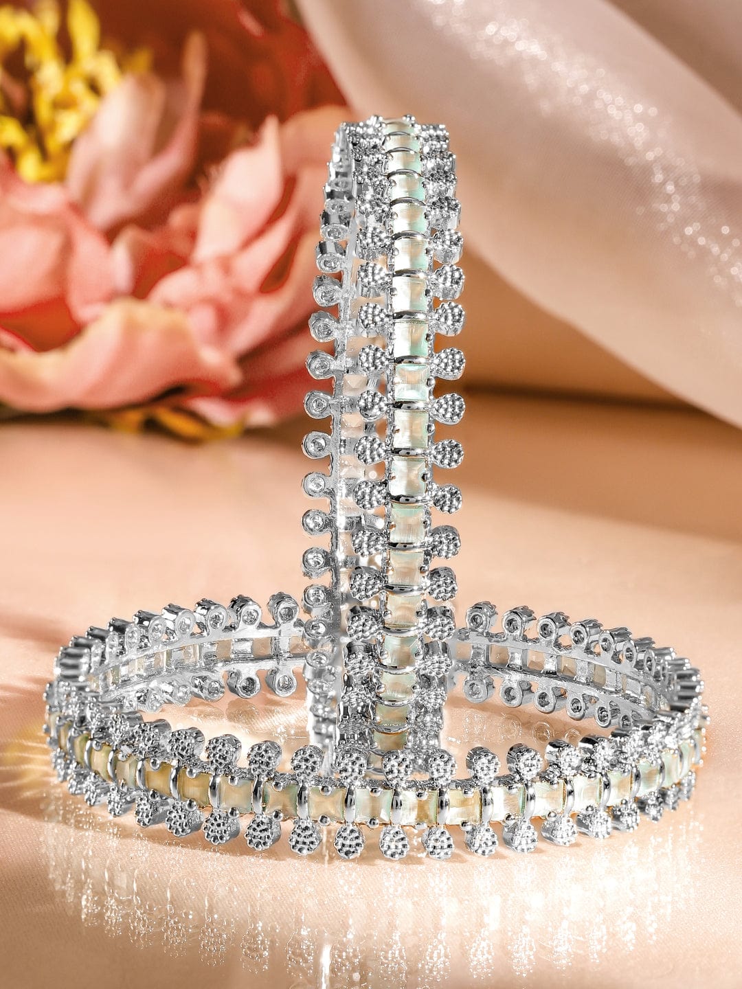 Rubans Set of 2 Rhodium-Plated White & Mint Green Cubic Zirconia Studded Handcrafted Luxe Bangles Bangles & Bracelets