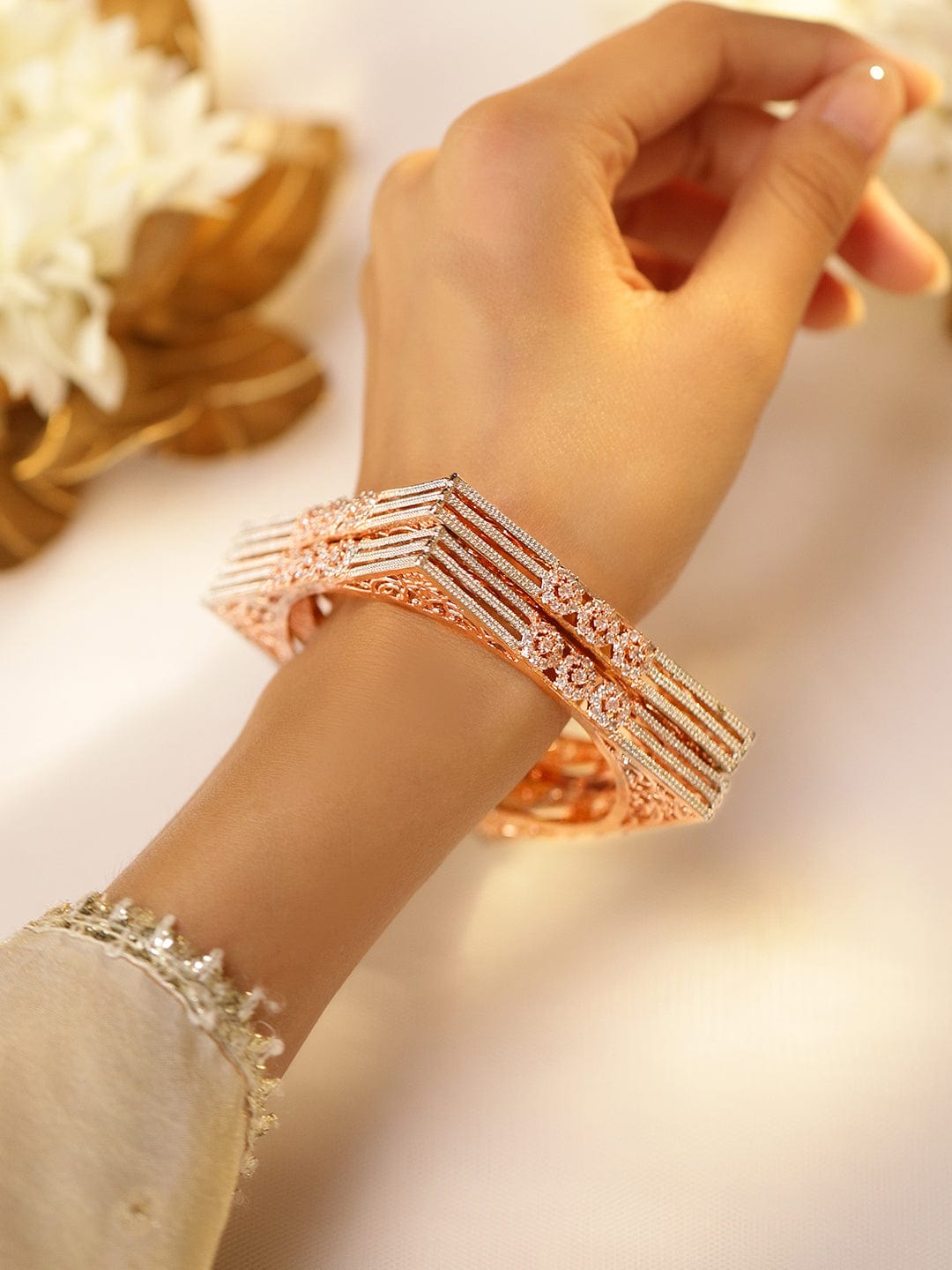 Rubans Set Of 2 Rose Gold-Plated Cubic Zirconia Stone Studded Handcrafted Bangle Bangles & Bracelets