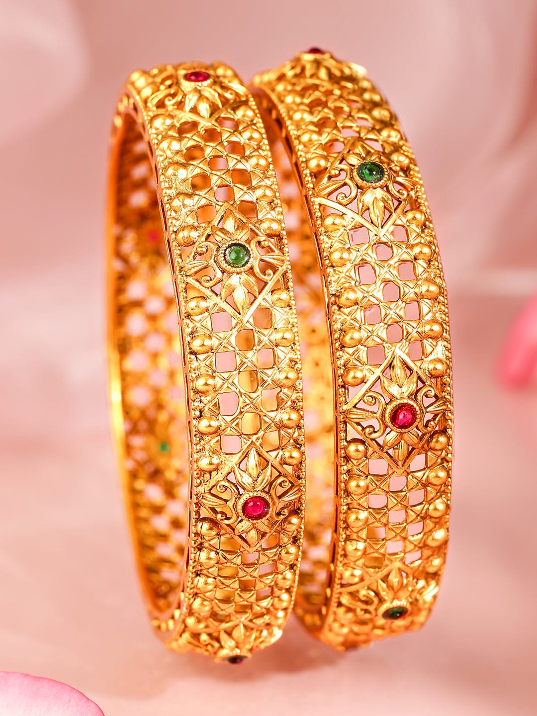 Rubans Set Of 2 Ruby Stone-Studded 22KT Gold-Plated Bangles Bangles & Bracelets