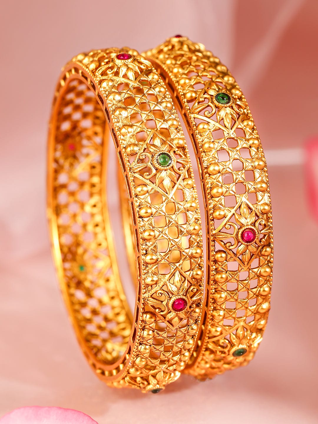 Rubans Set Of 2 Ruby Stone-Studded 22KT Gold-Plated Bangles Bangles & Bracelets