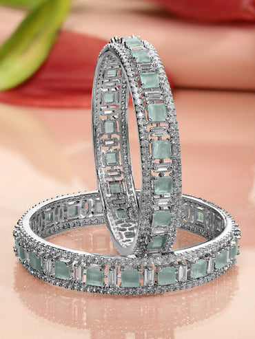 Rubans Set of 2 Silver-Plated Mint Green & White Cubic Zirconia Studded Premium Bangles Bangles & Bracelets
