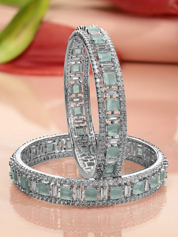 Rubans Set of 2 Silver-Plated Mint Green & White Cubic Zirconia Studded Premium Bangles Bangles & Bracelets