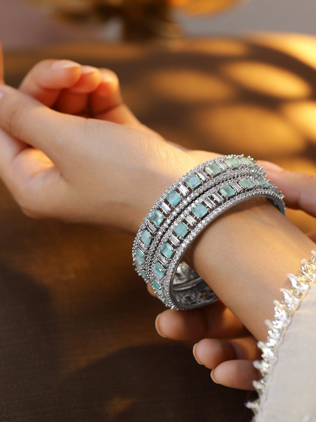 Rubans Set of 2 Silver-Plated Mint Green & White Cubic Zirconia Studded Premium Bangles Bangles & Bracelets