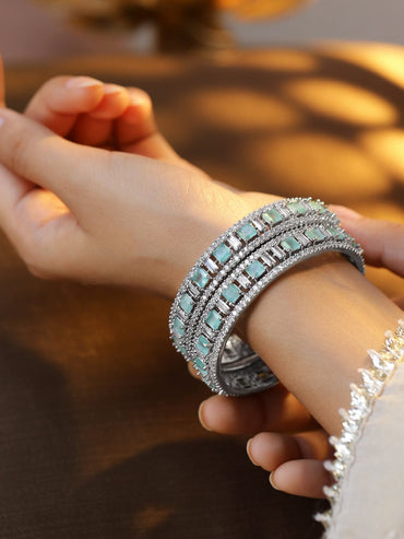 Rubans Set of 2 Silver-Plated Mint Green & White Cubic Zirconia Studded Premium Bangles Bangles & Bracelets