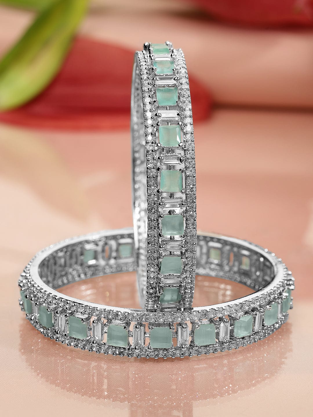 Rubans Set of 2 Silver-Plated Mint Green & White Cubic Zirconia Studded Premium Bangles Bangles & Bracelets
