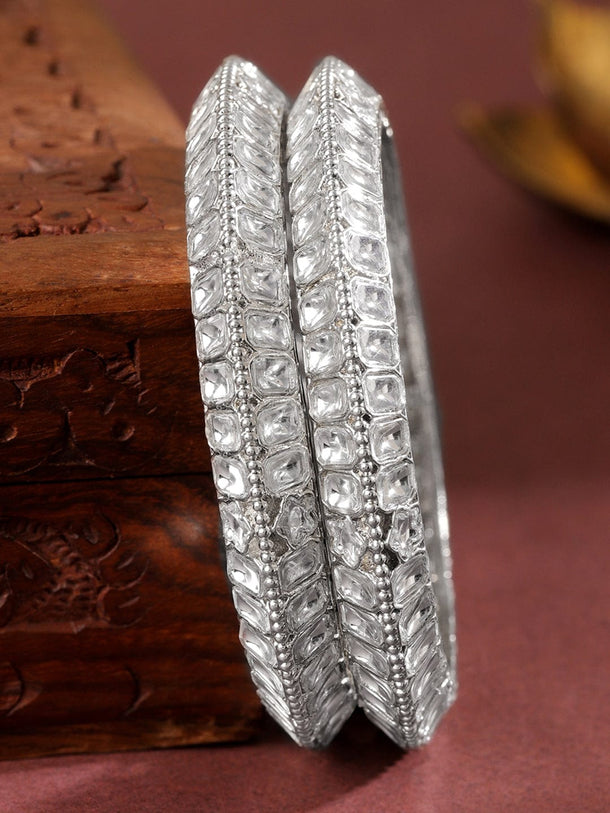 Rubans Set of 2 Silver-Plated White Kundan Studded Broad Traditional Bangles Bangles
