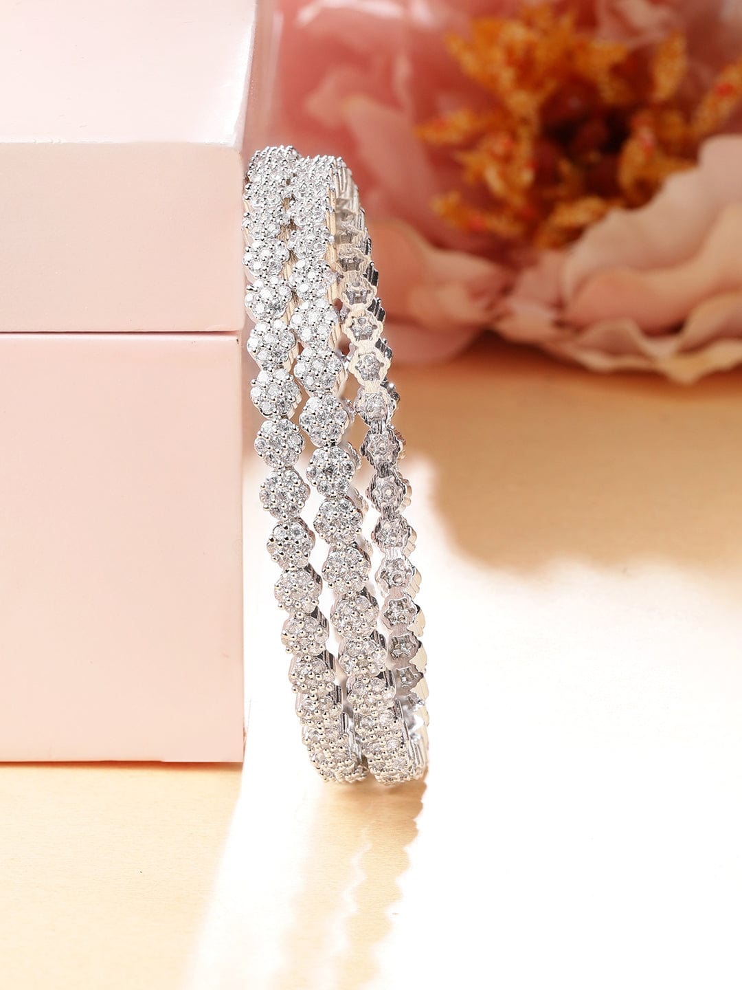 Rubans Set of Silver-Plated Zirconia Stone Studded Bangles