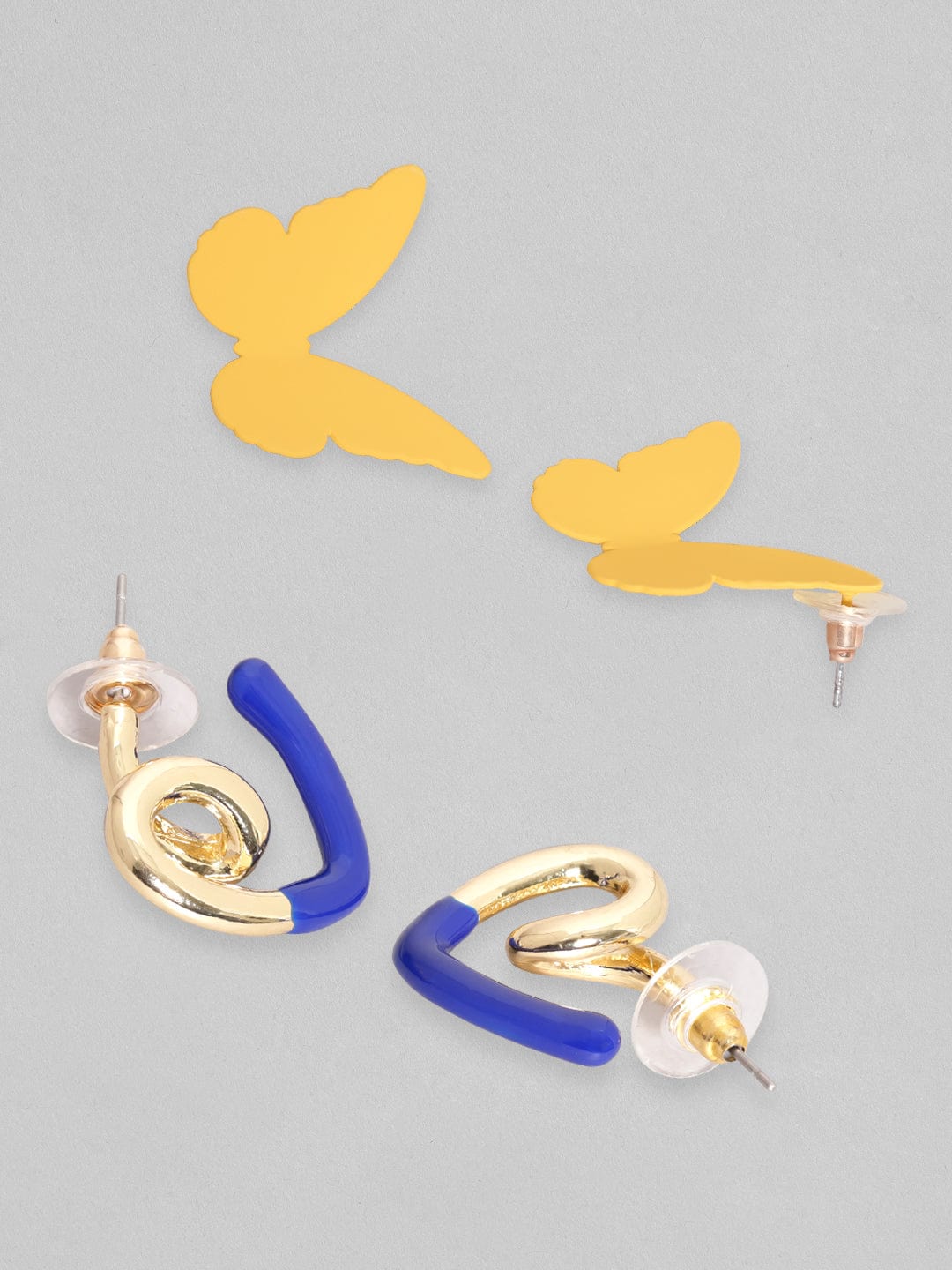 Rubans Set Of 2, Yellow Butterfly Stud & Heart shaped Blue Enamel Hoop Earring Earrings