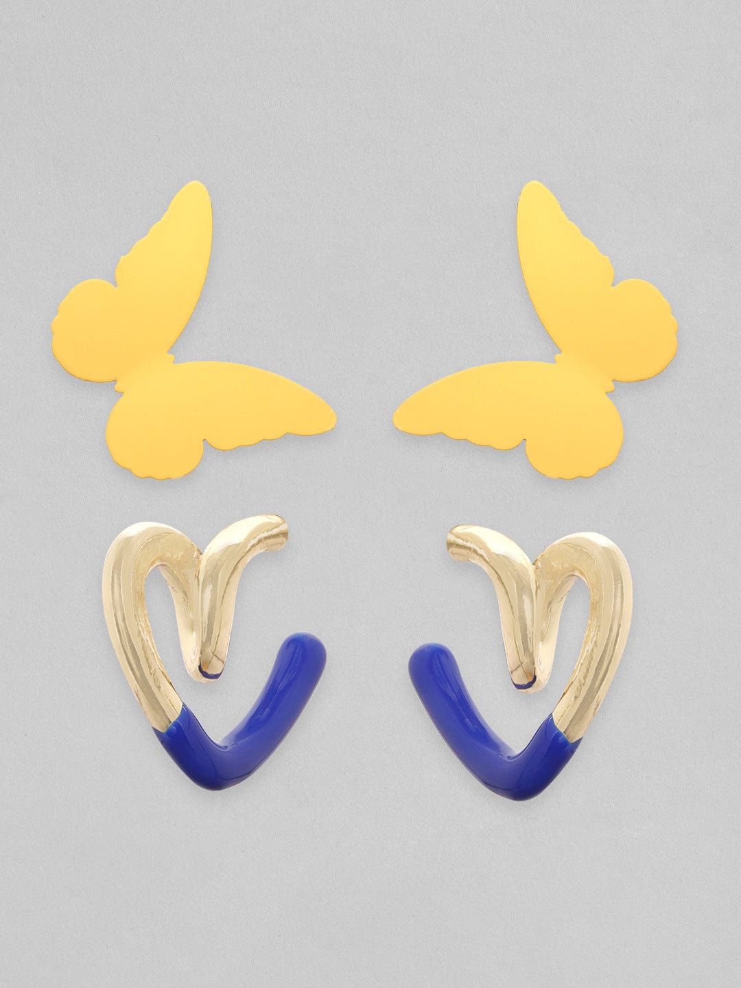 Rubans Set Of 2, Yellow Butterfly Stud & Heart shaped Blue Enamel Hoop Earring Earrings