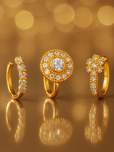 Rubans Set of 3 18K Gold-Plated Adjustable Nose Pins with Cubic Zirconia Detailing Nosepin