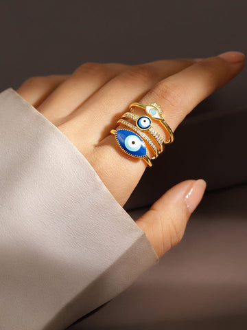 Rubans Set of 3 18K Gold-Plated Cubic Zirconia Studded Evil Eye Openable Adjustable Rings Finger Ring