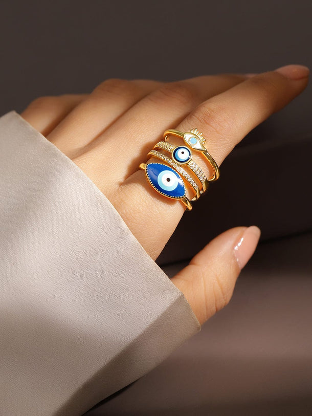 Rubans Set of 3 18K Gold-Plated Cubic Zirconia Studded Evil Eye Openable Adjustable Rings Finger Ring