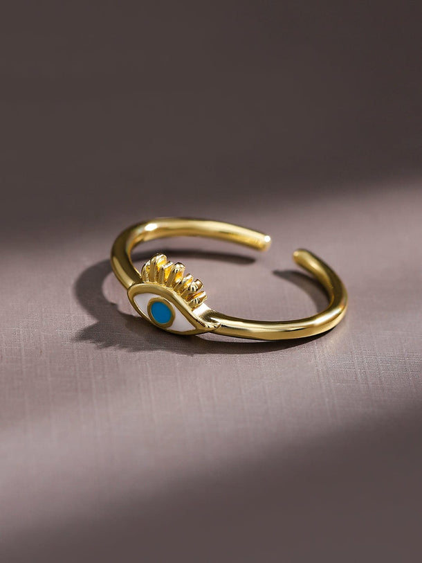 Rubans Set of 3 18K Gold-Plated Cubic Zirconia Studded Evil Eye Openable Adjustable Rings Rings