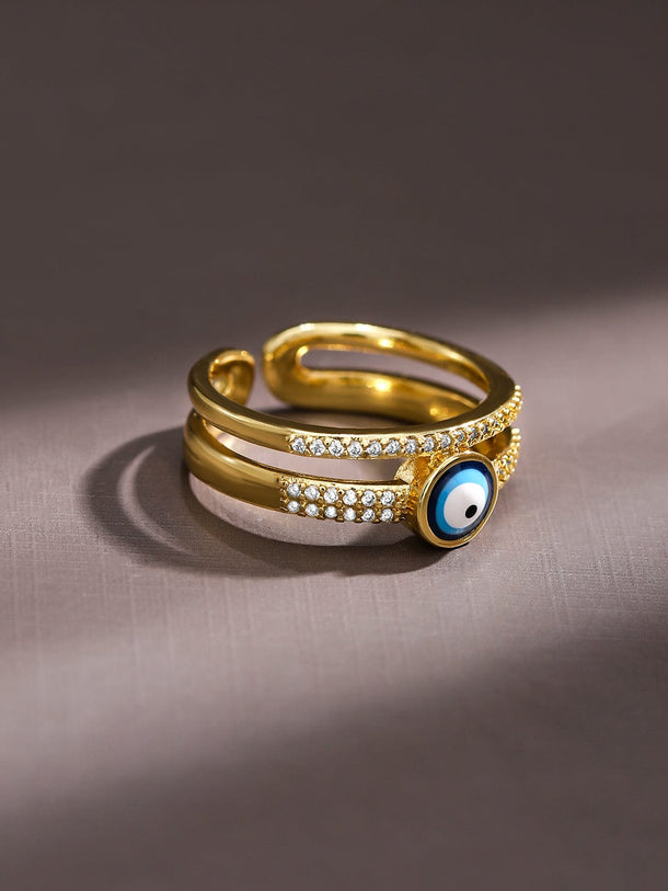Rubans Set of 3 18K Gold-Plated Cubic Zirconia Studded Evil Eye Openable Adjustable Rings Rings