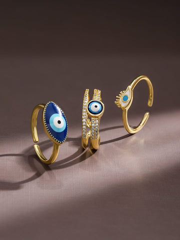 Rubans Set of 3 18K Gold-Plated Cubic Zirconia Studded Evil Eye Openable Adjustable Rings Rings