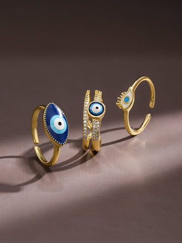 Rubans Set of 3 18K Gold-Plated Cubic Zirconia Studded Evil Eye Openable Adjustable Rings Rings