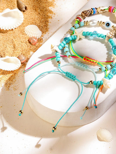 Rubans Set of 3 Adjustable Cord Anklets in Aqua & Multicolour Tones with Shell Beads Evil Eye & Starfish Charms Wristwear