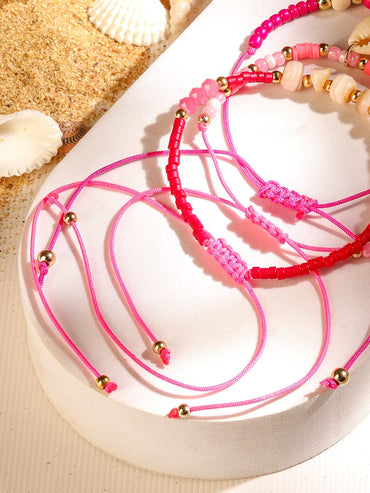 Rubans Set of 3 Adjustable Cord Anklets with Shell Charms & Beads in Light & Dark Pink Tones Wristwear