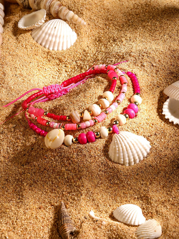 Rubans Set of 3 Adjustable Cord Anklets with Shell Charms & Beads in Light & Dark Pink Tones Wristwear