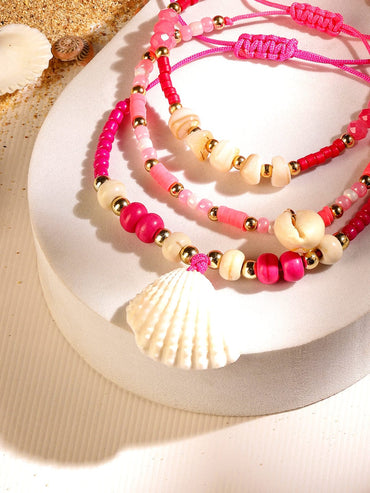 Rubans Set of 3 Adjustable Cord Anklets with Shell Charms & Beads in Light & Dark Pink Tones Wristwear