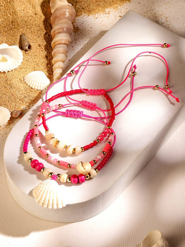 Rubans Set of 3 Adjustable Cord Anklets with Shell Charms & Beads in Light & Dark Pink Tones Wristwear