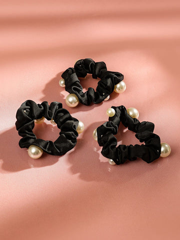 Rubans Set of 3 Black Satin Pearl Embellished Scrunchies for Stylish Hair Accessories Hair Accessory
