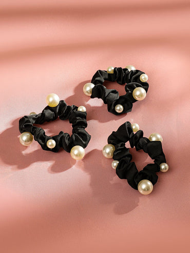Rubans Set of 3 Black Satin Pearl Embellished Scrunchies for Stylish Hair Accessories Hair Accessory