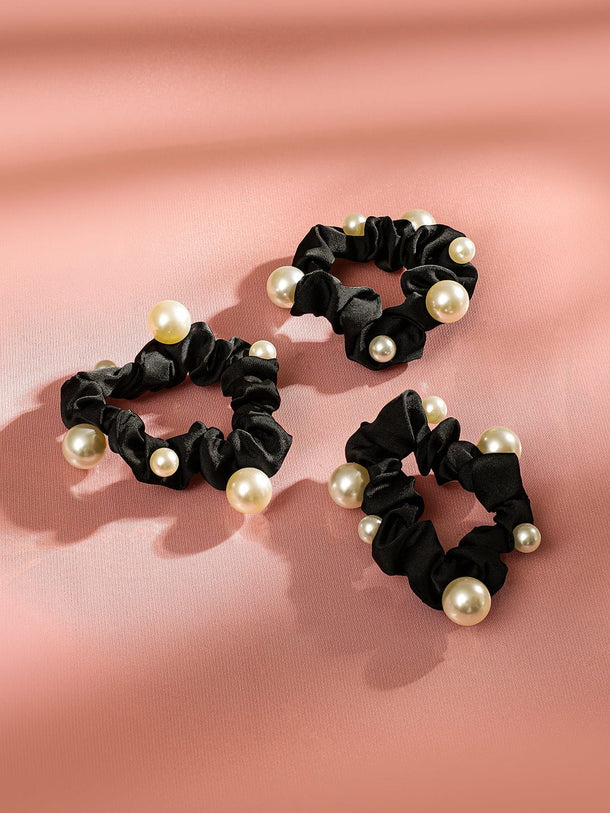 Rubans Set of 3 Black Satin Pearl Embellished Scrunchies for Stylish Hair Accessories Hair Accessory