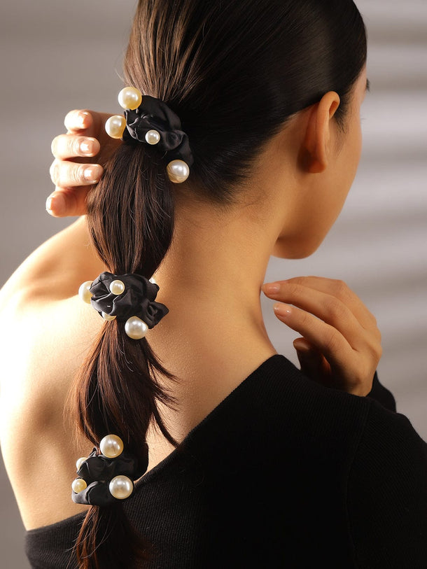 Rubans Set of 3 Black Satin Pearl Embellished Scrunchies for Stylish Hair Accessories Hair Accessory