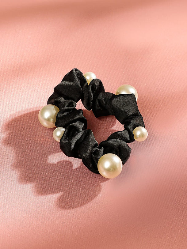 Rubans Set of 3 Black Satin Pearl Embellished Scrunchies for Stylish Hair Accessories Hair Accessory