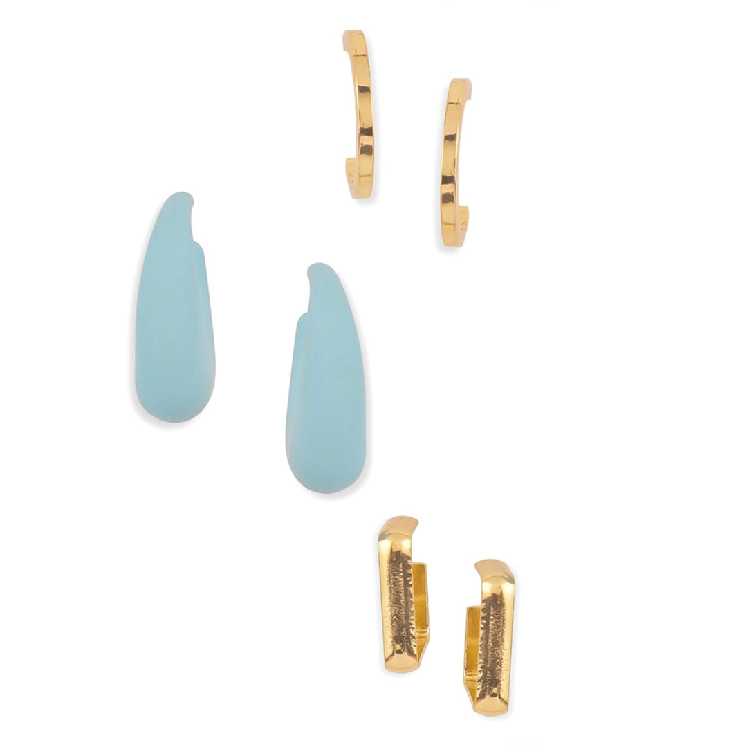 Rubans Set of 3 Earrings with Gold Plated Hoops, Blue Teardrop, and Geometric Design Earrings