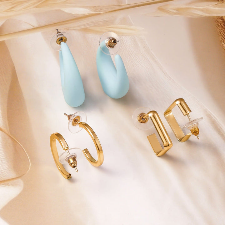 Rubans Set of 3 Earrings with Gold Plated Hoops, Blue Teardrop, and Geometric Design Earrings