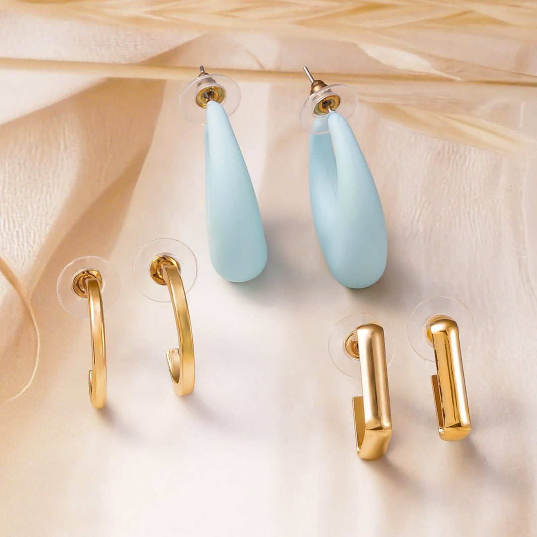 Rubans Set of 3 Earrings with Gold Plated Hoops, Blue Teardrop, and Geometric Design Earrings