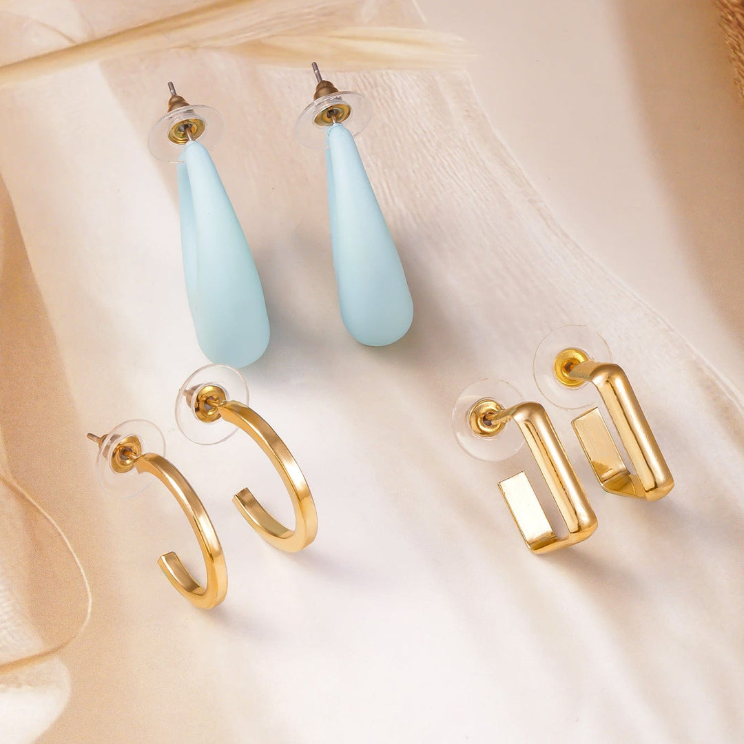 Rubans Set of 3 Earrings with Gold Plated Hoops, Blue Teardrop, and Geometric Design Earrings