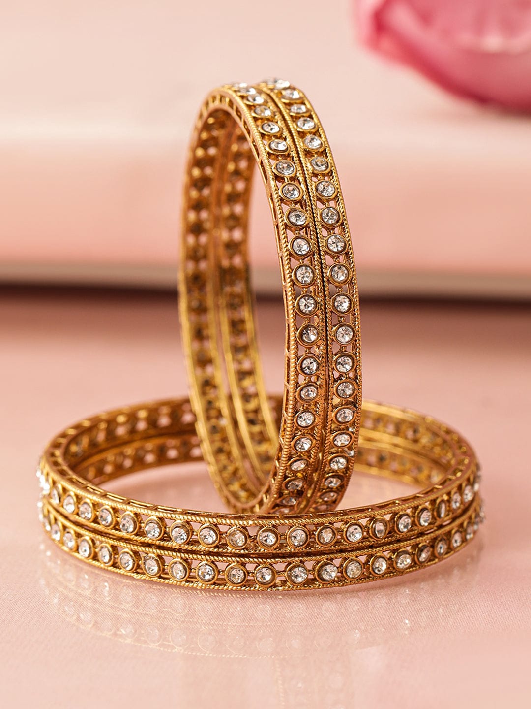 Rubans Set of 4 18 K Mehndi Gold-Plated Crystal White Cubic Zirconia Studded Bangles Bangles