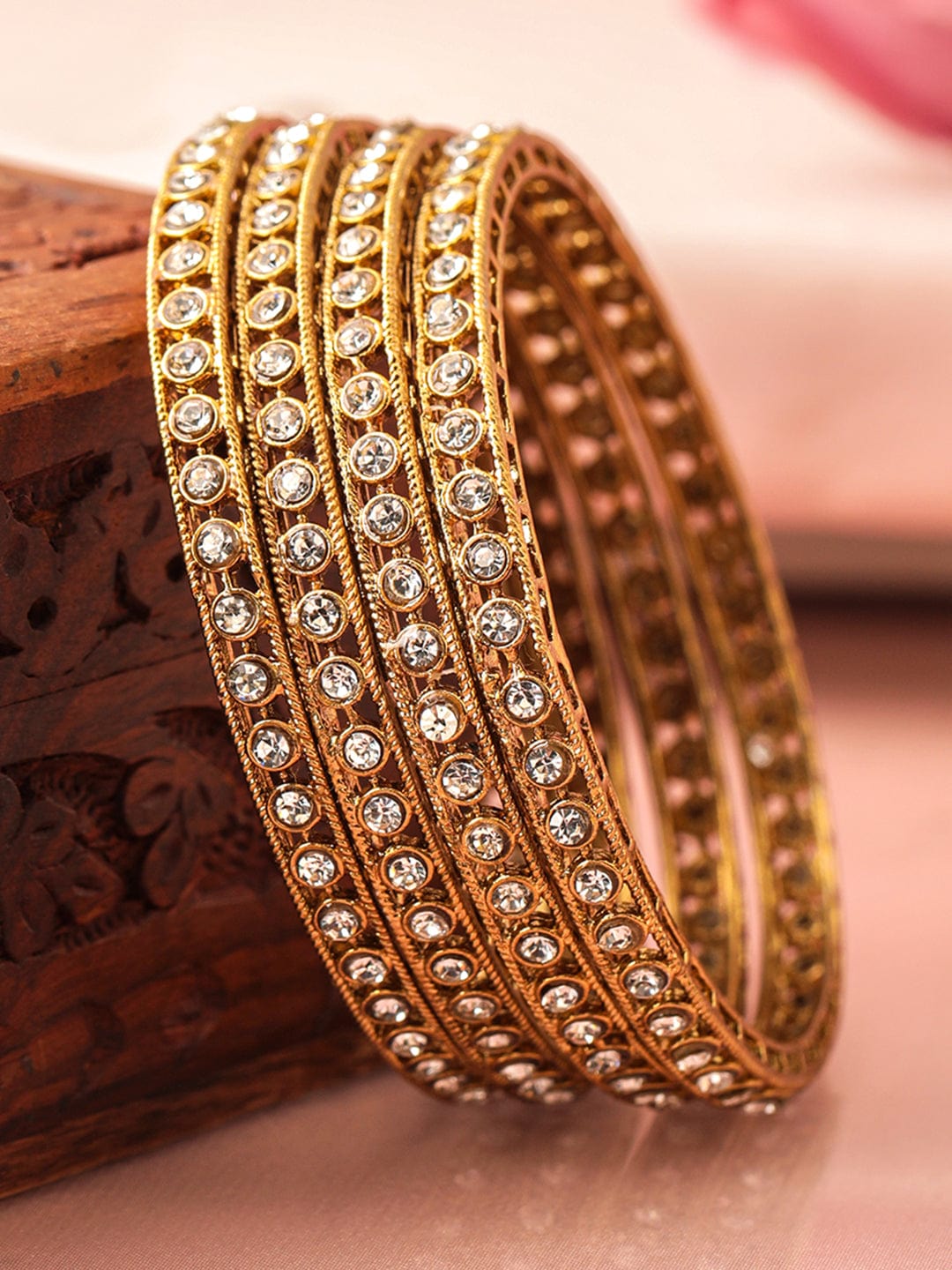 Rubans Set of 4 18 K Mehndi Gold-Plated Crystal White Cubic Zirconia Studded Bangles Bangles