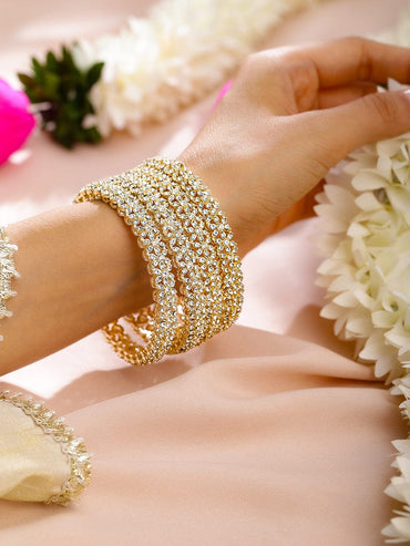 Rubans Set of 4 18K Gold-Plated Dazzling AD Studded Handcrafted Premium Bangles for Women Bangles