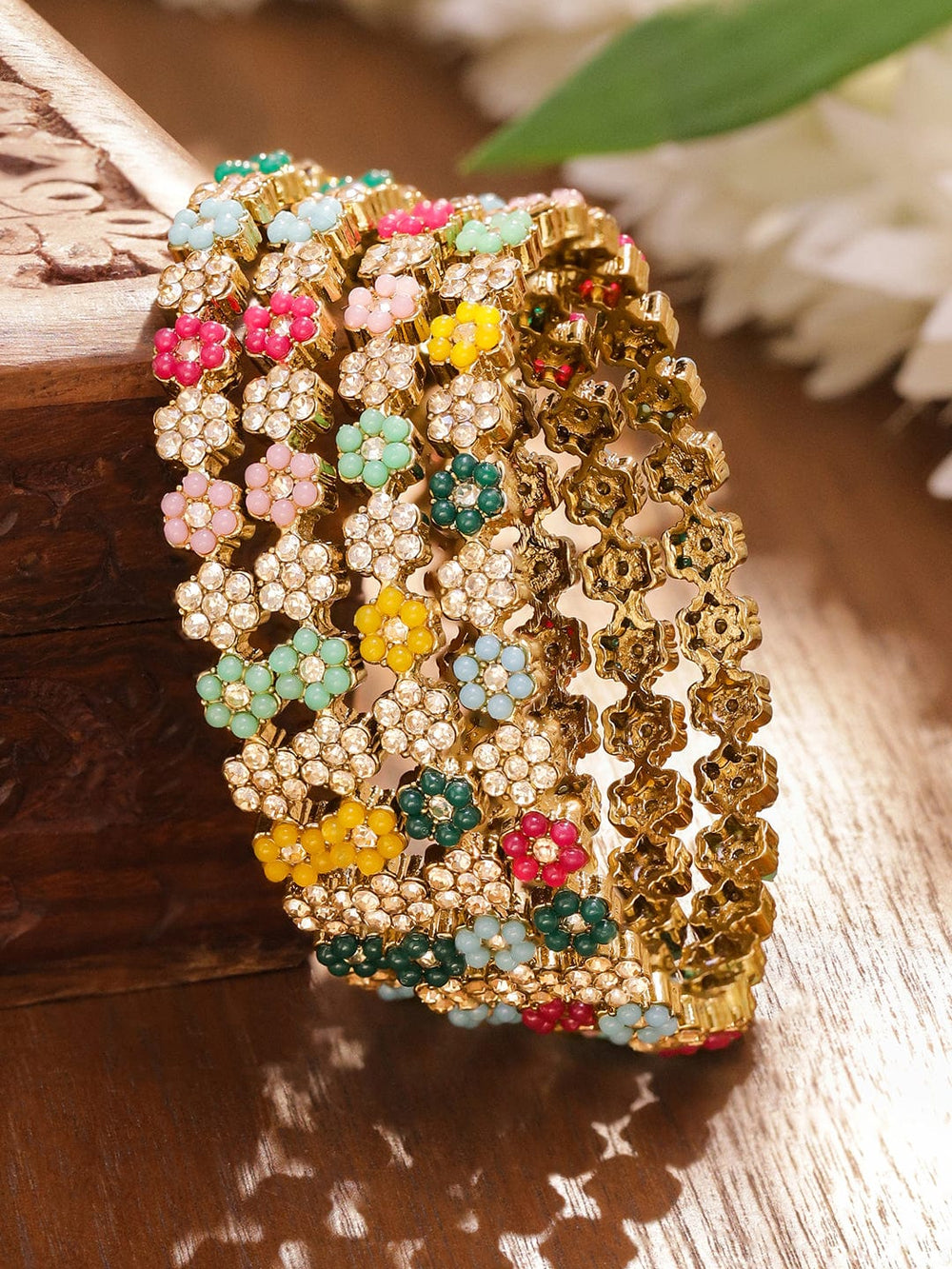Rubans Set of 4 18K Gold-Plated Multicolor Bead & Stone-Studded Mini Floral Design Handcrafted Bangles Bangles & Bracelets
