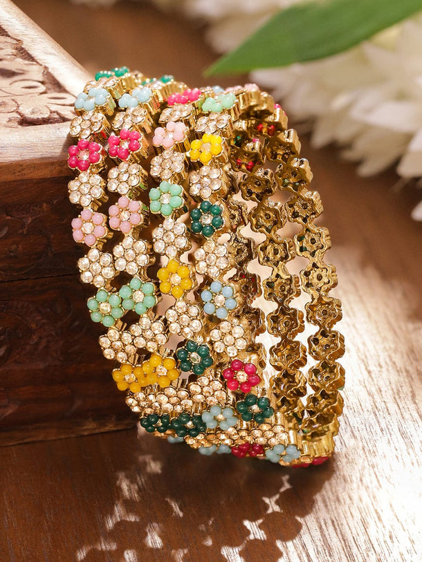Rubans Set of 4 18K Gold-Plated Multicolor Bead & Stone-Studded Mini Floral Design Handcrafted Bangles Bangles & Bracelets