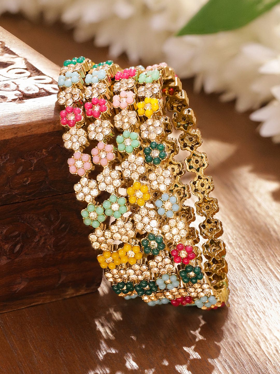 Rubans Set of 4 18K Gold-Plated Multicolor Bead & Stone-Studded Mini Floral Design Handcrafted Bangles Bangles & Bracelets