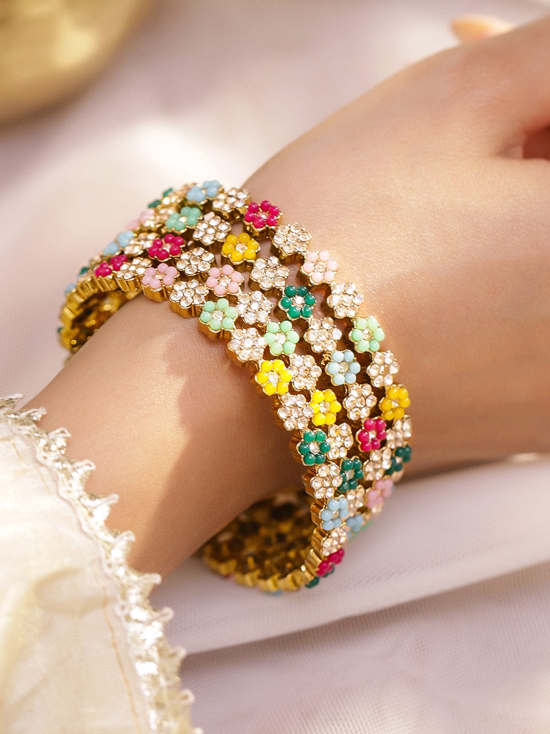 Rubans Set of 4 18K Gold-Plated Multicolor Bead & Stone-Studded Mini Floral Design Handcrafted Bangles Bangles & Bracelets