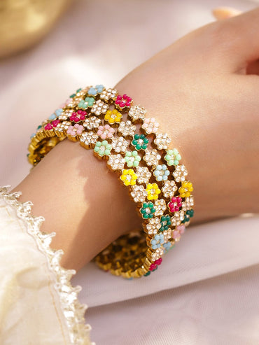 Rubans Set of 4 18K Gold-Plated Multicolor Bead & Stone-Studded Mini Floral Design Handcrafted Bangles Bangles & Bracelets